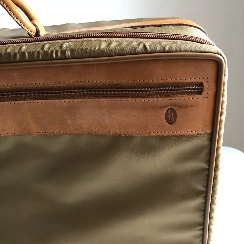 Vintage Hartmann Nylon Suitcase w/Outside Pocket In Olive w/Tan Leather Trim